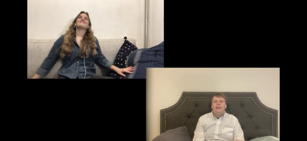 A split screen from a video call of two performers mid-song.