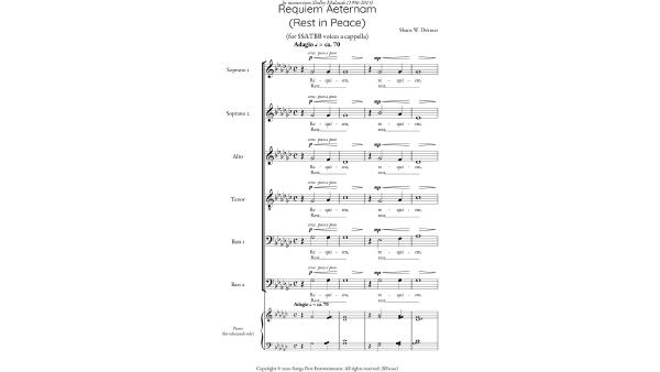First page of the score, dedicated in memoriam Shelby Malatak: six a cappella voice parts marked Adagio open softly on the words requiem and rest.