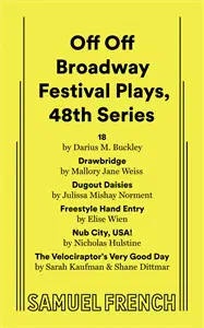 Bright yellow Samuel French acting edition cover: Off Off Broadway Festival Plays, 48th Series, listing the six festival plays, including The Velociraptor's Very Good Day.